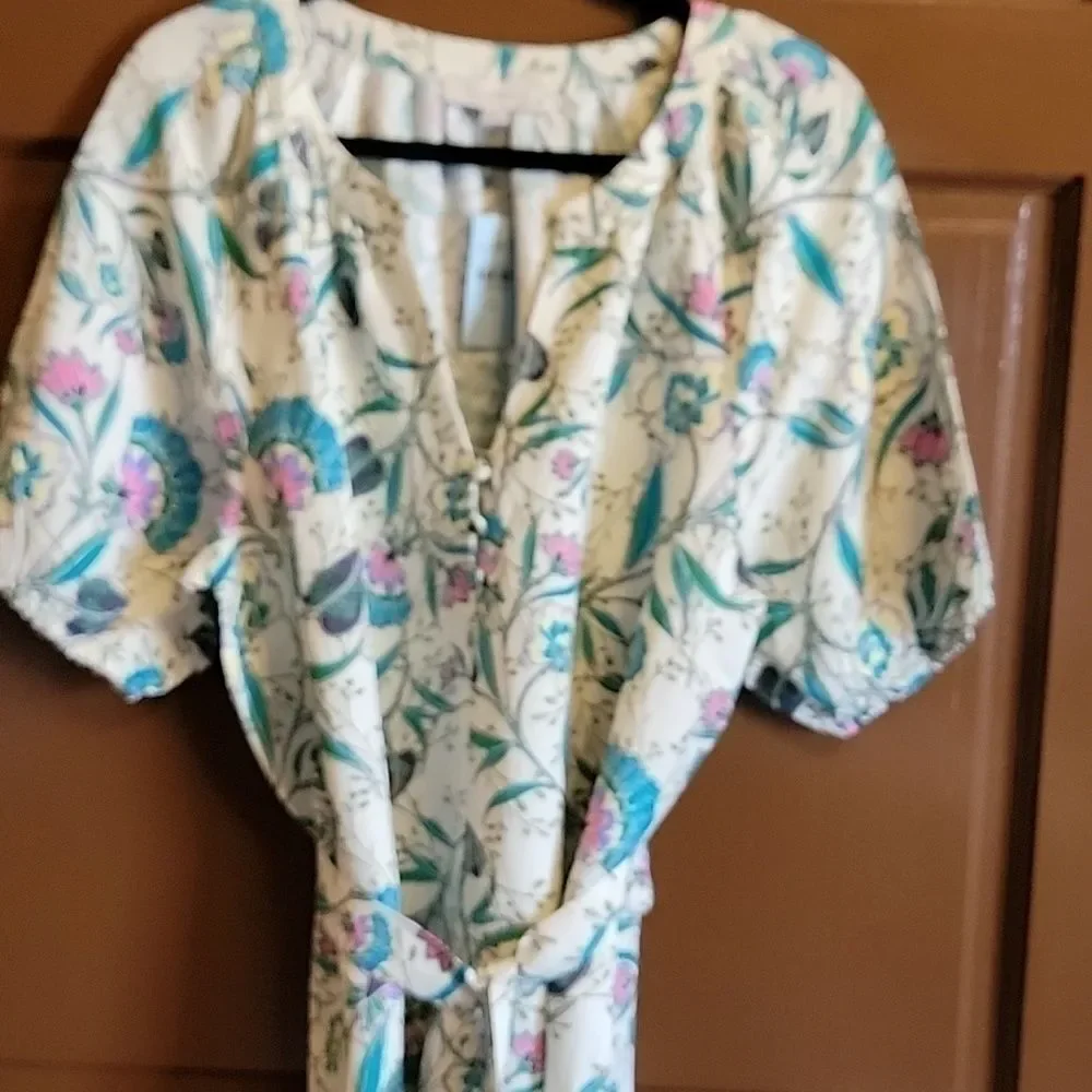 Loft-Linen iv, teal pink, print dress. Short sleeves. XLP. NWT.